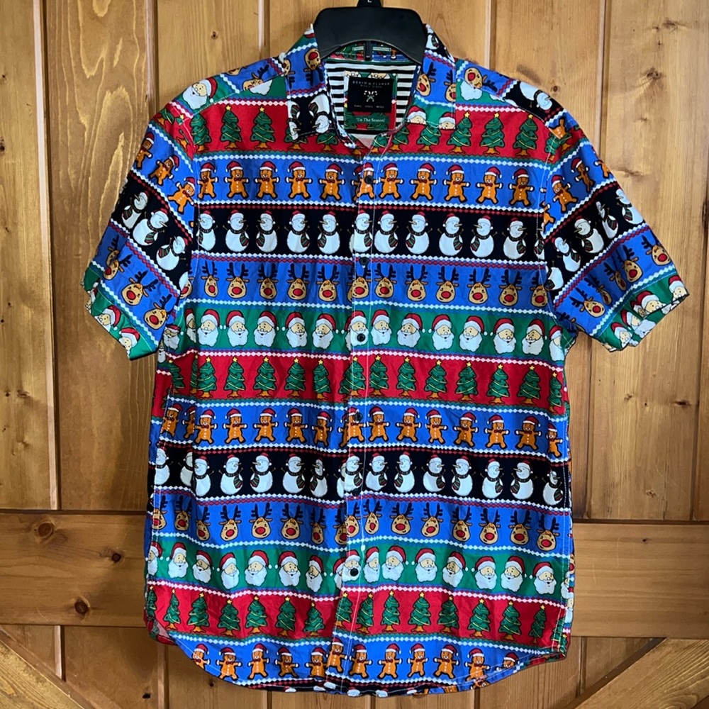 Denim & Flower Ricky Singh Christmas Santa Snowman Button Up Shirt Men's Large